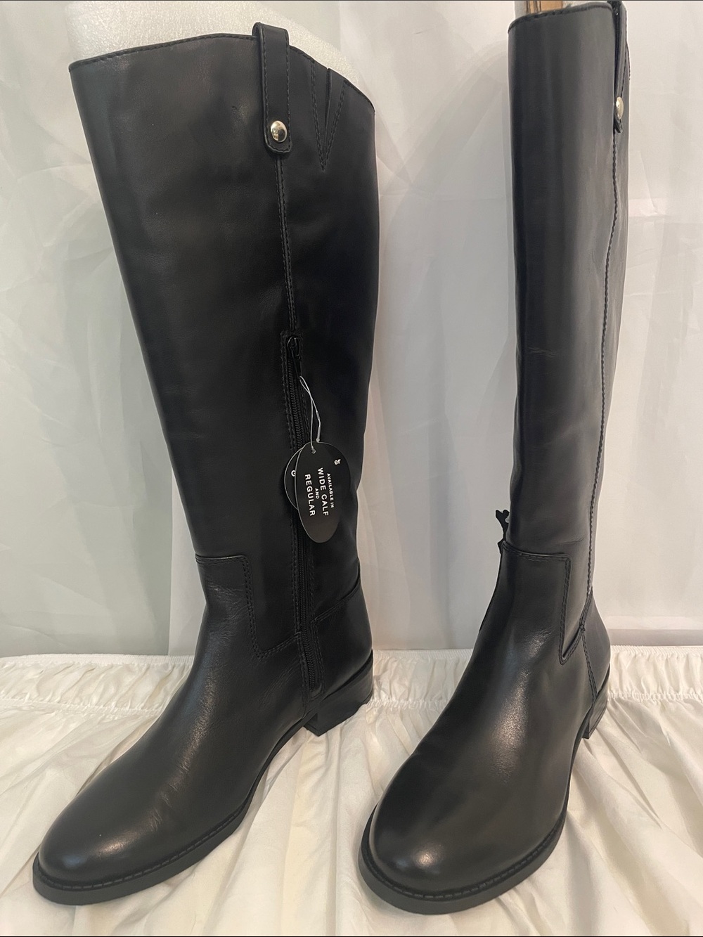 INC Black leather Riding Boots, Wide Calf, 18” Tall, 1” heel, side zip top loops